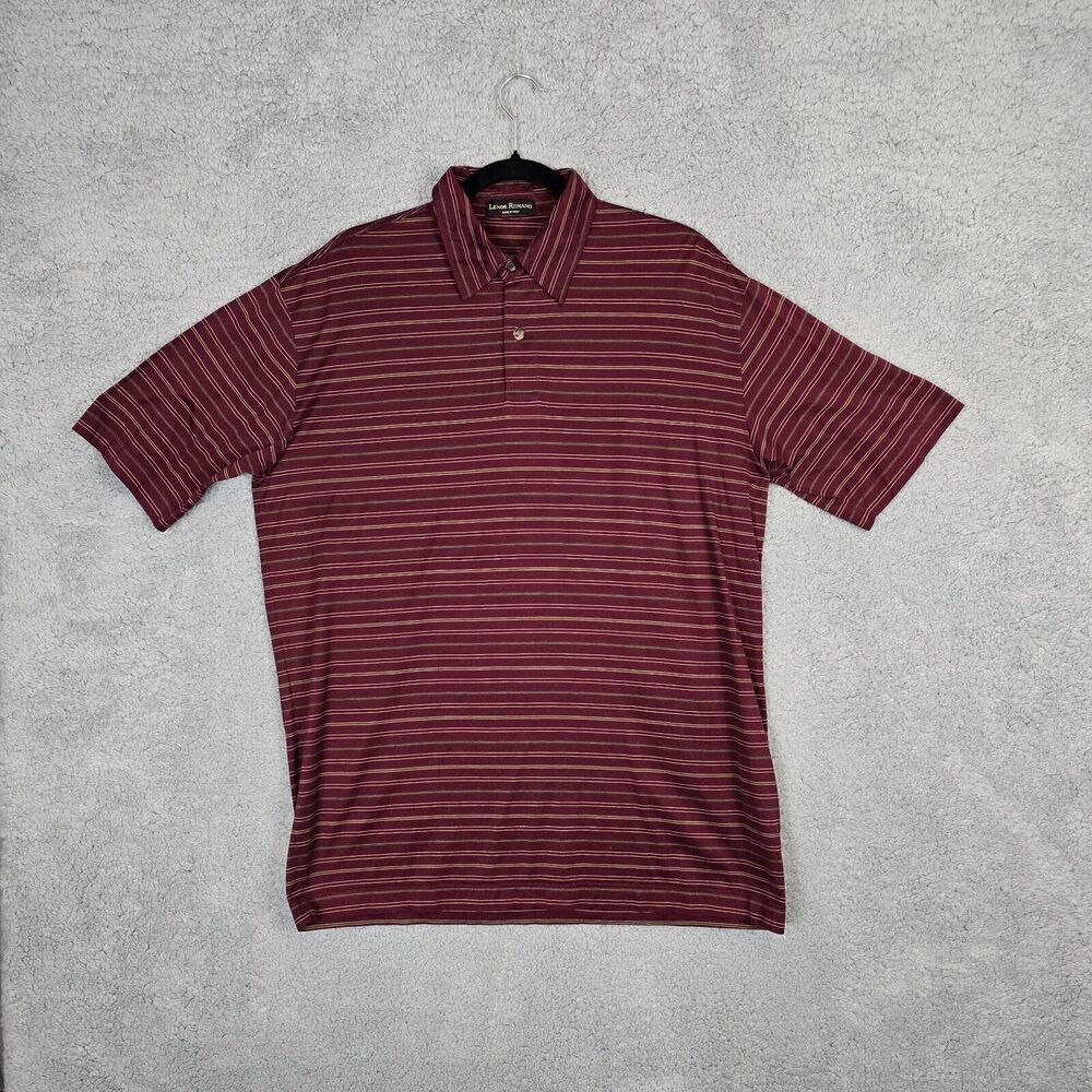 Lenor Romano Striped Polo Shirt Henley Mens Large Made in Italy Maroon Red/Gold